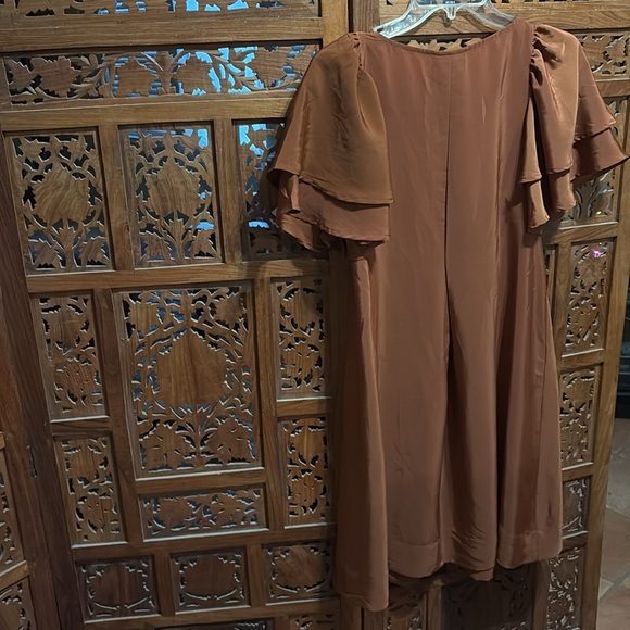H & M Gorgeous Shade of Rust Satin Finish Dress with Ruffle Sleeves - Picture 3 of 6
